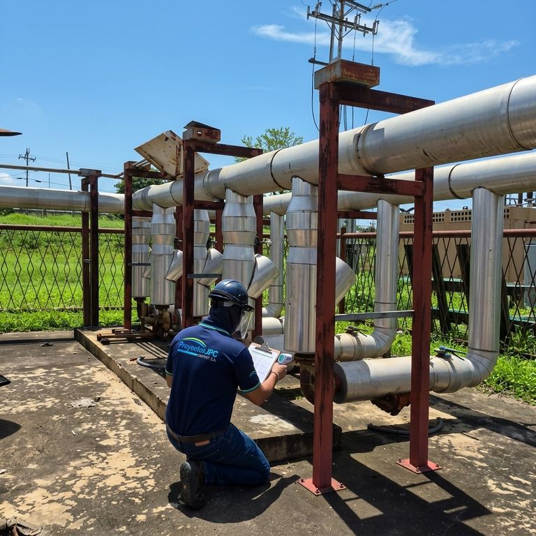 Técnico de Proyectos JPC con casco y careta midiendo con un termómetro infrarrojo la temperatura de tuberías aisladas.