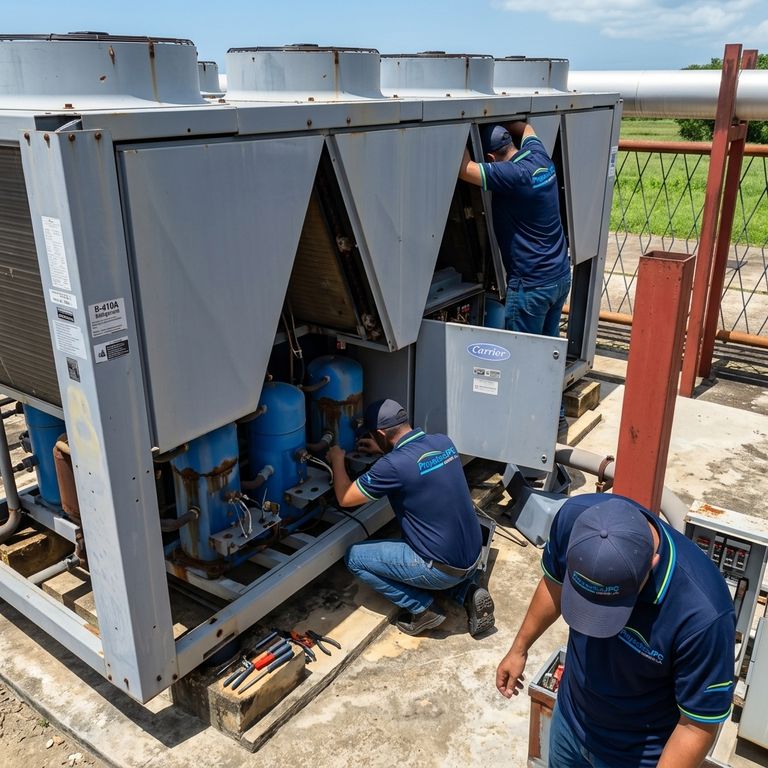 Tres técnicos de Proyectos JPC trabajando en los compresores y el tablero de un chiller al aire libre.